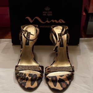 Nina Leopard Print Heels with Gold Accents